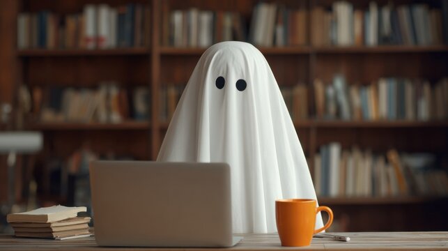 Halloween ghost costume figure sitting at a desk with laptop, books, and an orange mug in a library setting