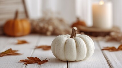 Festive White Pumpkin Arrangement with Candle and Autumnal Leaves on Wooden Surface