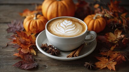 Cozy Pumpkin Spice Latte Mug with Autumn Leaves and Small Decorative Gourds on Wooden Surface