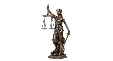 Isolated bronze statue of Lady Justice holding scale and sword representing impartiality
