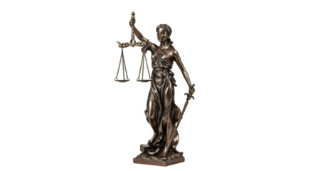 Isolated bronze statue of Lady Justice holding scale and sword representing impartiality