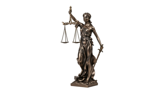 Isolated bronze statue of Lady Justice holding scale and sword representing impartiality
