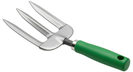 Isolated garden fork with green handle for planting and cultivating soil in backyard, lawn