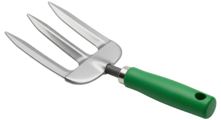 Isolated garden fork with green handle for planting and cultivating soil in backyard, lawn