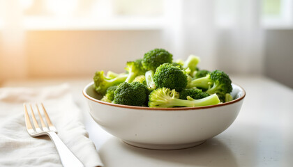 Fresh broccoli in a bowl on a table with sunlight from window  