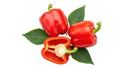 Isolated red bell peppers still life with leaves, sliced pepper, fresh produce, raw food, healthy