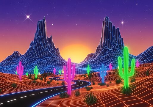 Synthwave desert landscape with glowing cacti and mountains in retro style with vibrant colors, a road and a sunset