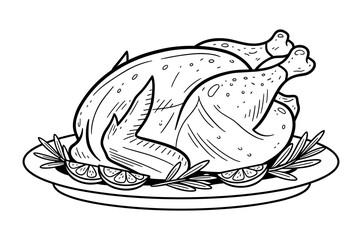 Naklejka premium Roasted turkey on plate line art illustration in black and white