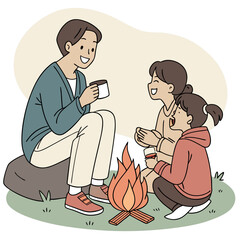 Fototapeta premium A father and his two children enjoying a warm campfire together on a pleasant day outdoors