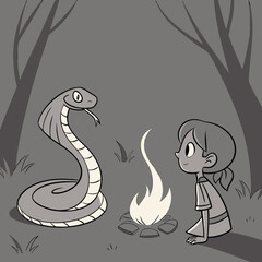 A friendly cartoon cobra snake and a young girl sitting by a campfire in a forest at night