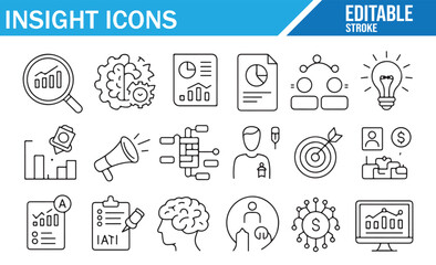 Insight Icons Set – Editable Line Drawings Representing Data Analysis, Metrics, AI, and Business Insights