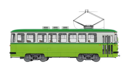 Isolated vintage green tramway car, electric commuter transit vehicle, transport illustration