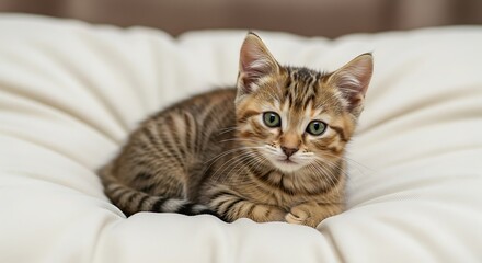 Adorable Tabby Kitten Resting on a White Cushion.