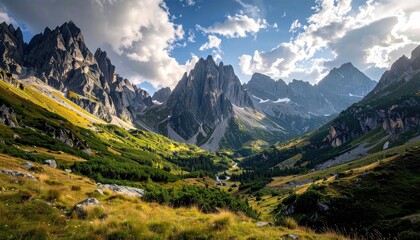 Obraz premium Mountain Lake Reflecting Green Meadows and Blue Skies Under Daylight in Tranquil Landscape with Sunlight Mountain Peaks and Vivid Colors