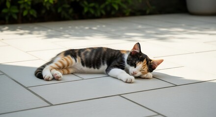 Calico cat sleeping peacefully on a sunny patio.