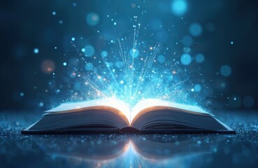 Open book emitting bright light with glowing particles. Concept for knowledge wisdom imagination education learning. Idea for science fantasy magic inspiration creativity storytelling, spiritual
