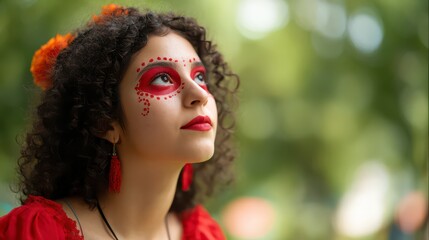 Fototapeta premium Day of the Dead Beauty: A young woman, adorned in traditional face paint and attire