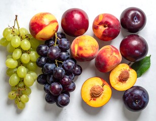 Fresh fruit arrangement, including grapes, plums, and peaches, on a white surface