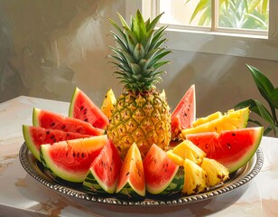 Fresh fruit platter with pineapple and watermelon