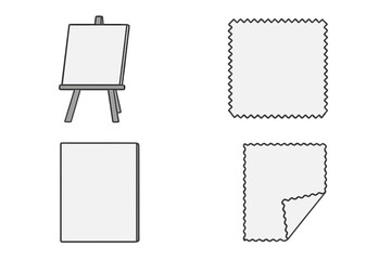 Artist easel with blank canvas, paper sheet, and microfiber cleaning cloth icon set. Isolated vector illustration for mockup, art, or presentation. Template collection.