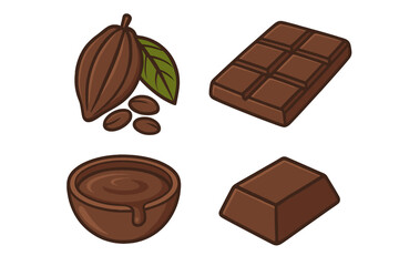 Chocolate and cocoa vector icon set. Cacao pod, beans, chocolate bar, melted dessert sauce. Isolated cartoon illustration for sweet food, candy, confectionery graphics.
