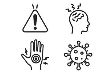 Medical icon set for disease and healthcare. Virus, headache, and pain symptoms. Warning sign for health alert. Concept for mental stress, infection, and body inflammation.