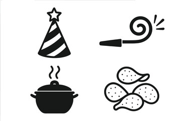 Party and cooking vector icon set. Black glyph symbols for celebration. Birthday party hat, noisemaker horn blower. Hot food in steaming pot. Salty potato chips snack graphics.