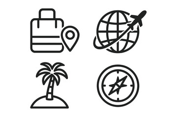 Vector travel icon set for tourism and vacation. Includes globe with airplane, tropical island, compass, and luggage with location pin. Line art symbols for journey and adventure.