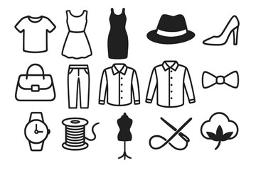Fashion and garment icon collection. Vector clothes, apparel, accessory symbols. Line and glyph style set with t-shirt, dress, shirt, pants, hat, shoe, bag, watch, bow tie.
