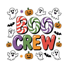 Festive Halloween Scene with Boo Crew Candy Letters, Playful Ghosts, Pumpkins, Stars, and Bats against a White Background
