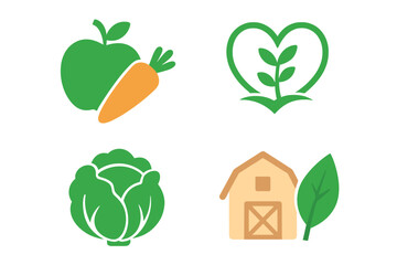 Healthy food icon set. Vector logo collection for organic vegetables, local farm agriculture, and vegan lifestyle. Fresh produce symbols: apple, carrot, cabbage, barn, heart.