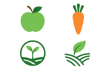 Vector collection of healthy and vegetable logo designs. Set of flat icons for organic food, vegan products, farm fresh market. Apple, carrot, plant sprout, agriculture field.