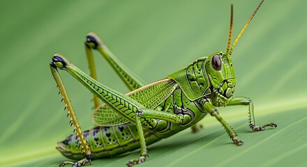 Close-up Macro Shot of a Bright Green Grasshopper on a Leafy Background