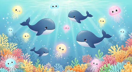 Fototapeta premium Adorable Whales and Glowing Jellyfish Swim Together in a Vibrant Underwater Coral Reef