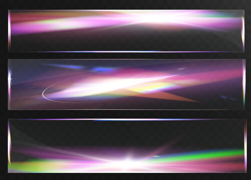 Realistic rainbow prism light reflection with lens flare and colorful glass glare effect on transparent background.

