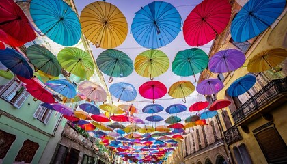 colored umbrellas hung above the street