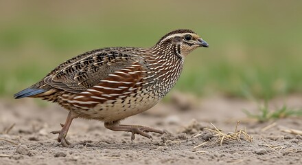 Bobwhite Quail Bird Walking on Ground in Natural Habitat with Blurred Background