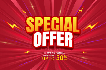 Special Offer Vector Template with 3D Text. Red background, limited-time sale event, with a huge discount. Perfect for sales on the web or social media.