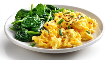 Scrambled Eggs with Spinach: A delectable composition, featuring fluffy scrambled eggs generously sprinkled with chives and vibrant green spinach, a culinary delight.