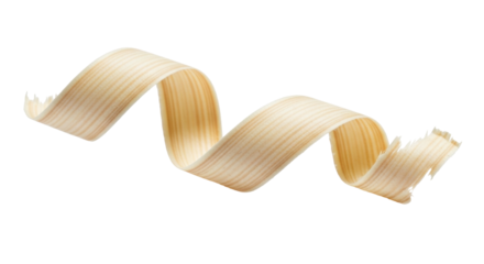 Isolated wood shaving curl shape, carpentry decoration, natural beige grain, creative construction