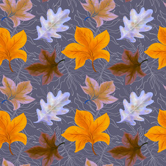 Seamless botanical pattern with colorful decorative leaves. The fine hand-drawn style on a blue background creates an elegant and natural texture. Ideal for textiles, wallpapers, packaging, background