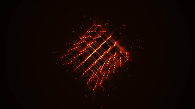 Neon 3D animation of squares, diamonds, and dots. Maze icon. Puzzle design. Randomly rotating cube with colorful glow, flame rays. Cosmic body. Technology, medicine, business, sound wave, 4K