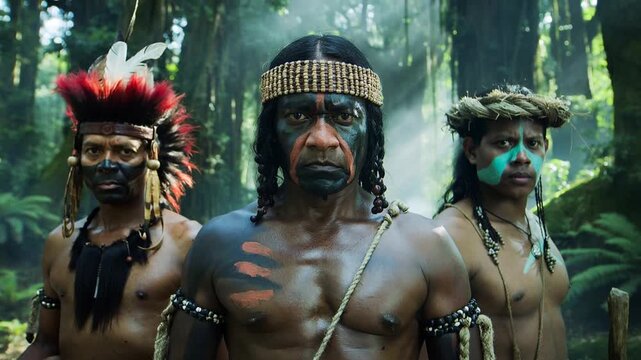 Intense Portrait of Three Indigenous Men in Traditional Headdresses and Face Paint Against a Lush Green Rainforest