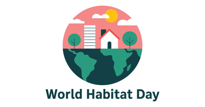  World Habitat Day circular illustration with Earth, house, building, trees, sun, and clouds—promoting sustainable housing and global awareness