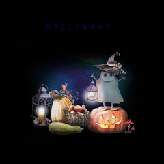 halloween party menu with ghost in hat on pumpkin with lanterns