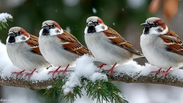 Group of sparrows perched on a snow-covered branch in a winter forest near a quiet village during the early morning light