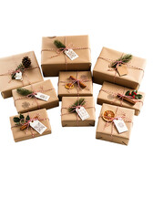 Overhead shot showcasing a collection of elegantly wrapped christmas presents, each adorned with natural twine, sprigs of evergreen, dried orange slices, and handwritten gift tags, isolated on transpa