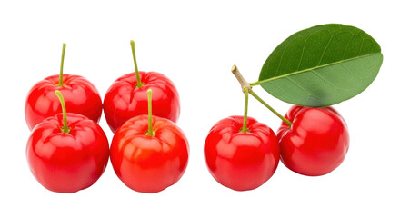 Isolated acerola cherries, ripe red fruit with green stems and leaf, organic healthy food