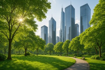 Obraz premium Urban Oasis: A Lush Park Surrounded by Modern Skyscrapers