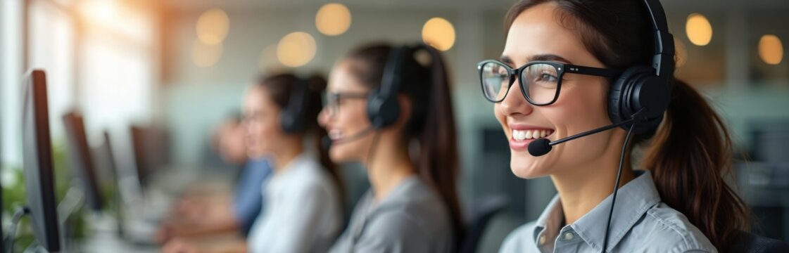 Smiling woman in glasses wears headset in bright call center. Colleagues work nearby. Pro customer support team provides assistance. Teamwork and happy service. - Powered by Adobe
